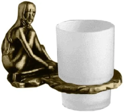 Стакан Art&Max Juno, с держателем, настенный, латунь/стекло, форма округлая, для зубных щеток в ванную/туалет/душевую кабину, цвет бронза