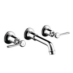 Смеситель для раковины Axor Montreux, на 3 отверстия, двухвентильный, с рычаговыми рукоятками, скрытого монтажа, настенный, фиксированный излив, длина излива 16,5-22,5 см, керамический, латунь, цвет хром, незапираемый сливной набор