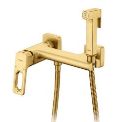 Смеситель с гигиеническим душем Raglo R51.51.03, настенный, однорычажный, керамический, без излива, с гибким шлангом/лейкой, латунь, цвет сатин золотой