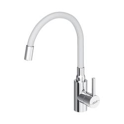 Смеситель для кухни/мойки Dorff Logic однорычажный, поворотный/гибкий излив, керамический, длина излива 197 мм, нержавеющая сталь/силикон, цвет хром/белый