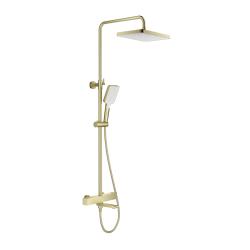Душевая система Splenka S224.26.03 с термостатом, 1160-1560 мм цвет сатин золотой, комплект: термостатический смеситель/излив/тропический душ прямоугольный (с верхней лейкой)/лейка/стойка/шланг, латунь/нержавеющая сталь