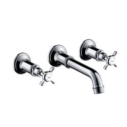 Смеситель для раковины Axor Montreux, на 3 отверстия, двухвентильный, с крестообразными рукоятками, скрытого монтажа, настенный, фиксированный излив, длина излива 16,5-22,5 см, керамический, латунь, цвет хром, незапираемый сливной набор