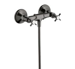 Смеситель для душа Axor Montreux, двухвентильный, с крестообразными рукоятками, внешнего/наружнего монтажа, настенный, без излива/шланга/лейки, керамический, латунный, цвет полированный черный хром