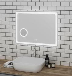 Зеркало GROSSMAN LEO с LED подсветкой 60х80 см цвет: белый, прямоугольное, с LED/ЛЕД подсветкой, гравировка, увеличительное стекло, сенсорный выключатель,  для ванны, антизапотевание/подогрев