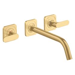 Смеситель для раковины Axor Citterio M, на 3 отверстия, двухвентильный, с рычаговыми рукоятками, скрытого монтажа, настенный, фиксированный излив, длина 22,6 см, керамический, латунь, цвет шлифованное золото, незапираемый сливной набор