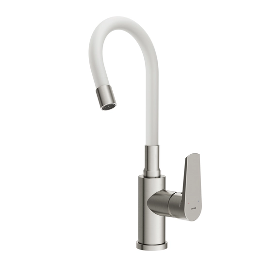 Смеситель для кухни/мойки Cersanit Moduo однорычажный, поворотный/гибкий излив, керамический, высота 237 мм, длина 220 мм, нержавеющая сталь/силикон, цвет сатин/белый