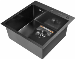 Мойка кухонная GERHANS 50х50х22 см, встраиваемая, нержавеющая сталь, квадратная, цвет графит, с отверстием под смеситель/под кран фильтр, без крыла, слив-перелив