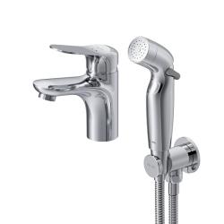 Смеситель для раковины/умывальника AM.PM Sunny с гигиенической лейкой, однорычажный, неповоротный, керамический, длина излива 95 мм, латунь, цвет хром