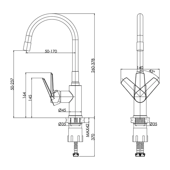 Смеситель для кухни/мойки Cersanit Moduo однорычажный, поворотный/гибкий излив, керамический, высота 237 мм, длина 220 мм, нержавеющая сталь/силикон, цвет черный