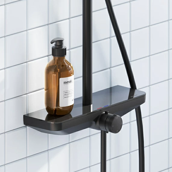 Душевая система Damixa Merkur, высота 1050-1450 мм, цвет черный матовый, комплект: смеситель/излив/тропический душ прямоугольный (с верхней лейкой)/стойка/лейка/шланг, латунь/пластик