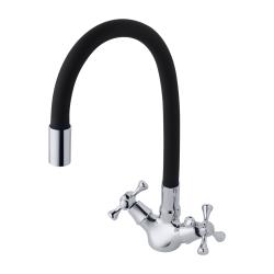 Смеситель для кухни/мойки AQUEDUC INWATER двухвентильный, поворотный/гибкий, керамический, длина излива 250 мм, цинк/силикон, цвет хром/черный 346864