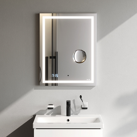 Зеркало Am.Pm Gem 550х700х30 см с LED/ЛЕД-подсветкой, прямоугольное, с ИК- сенсором, выключатель сенсорный, с часами, с косметическим зеркалом