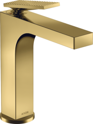Смеситель для раковины/умывальника Axor Citterio 160, однорычажный, с рычаговой рукояткой с текстурой, фиксированный излив, длина излива 14,3 см, керамический, латунь, цвет полированное золото, со сливным гарнитуром