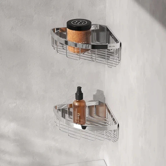 Полка-корзина Am.Pm Sense L настенная, нержавеющая сталь, форма округлая, двухъярусная, в ванную/туалет/душевую кабину, угловая полка, цвет хром, хромированный, сантехника, к стене, подвесной (АМ ПМ) 
