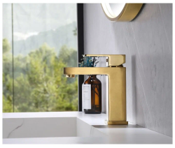 Смеситель для раковины/умывальника ABBER Daheim однорычажный, квадратный, неповоротный, длина излива 135 мм, латунь, цвет золотой матовый