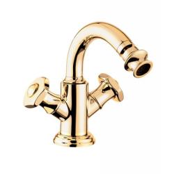 Смеситель для биде Cezares Aphrodite, двухвентильный, низкий, длина излива 135 мм, неповоротный, керамический, латунь, цвет золото 24 карат, с донным клапаном