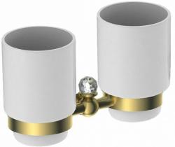 Стакан двойной Art&Max Antic Crystal, с держателем, настенный, латунь/стекло, форма округлая, для зубных щеток в ванную/туалет/душевую кабину, цвет золото