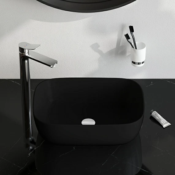 Раковина накладная 45 AM.PM Func 455х330х140 мм фарфоровая, прямоугольная, цвет черный матовый, без отверстия под смеситель, без слив-перелива