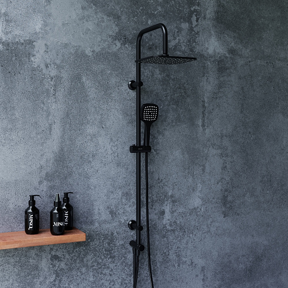 Душевой гарнитур Dorff Norma высота 1010 мм, цвет черный матовый, без смесителя, комплект: тропический душ квадратный (с верхней лейкой)/стойка/лейка/шланг, настенная, латунь/пластик