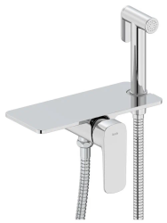 Смеситель IDDIS Axes с гигиеническим душем, встраиваемый, однорычажный, керамический, без излива, с гибким шлангом/лейкой, латунь, цвет хром, с полкой