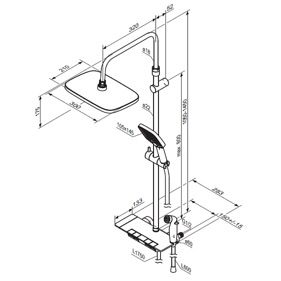 Душевая система Damixa Gala, высота 1050-1450 мм, цвет черный матовый, комплект: термостатический смеситель/гигиенический душ/тропический душ прямоугольный (с верхней лейкой)/стойка/лейка/шланг, пластик/латунь