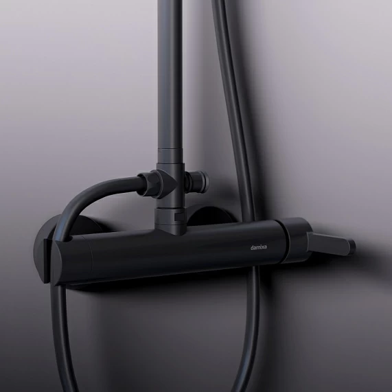 Душевая система Damixa Scandinavian Pure, высота 1050-1450 мм, цвет черный матовый, комплект: смеситель/тропический душ круглый (с верхней лейкой)/стойка/лейка/шланг, латунь/пластик