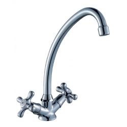 Смеситель для кухни/мойки Rossinka, двухвентильный, поворотный, керамический, длина излива 140 мм, латунь, цвет хром