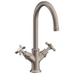 Смеситель для раковины Axor Montreux, двухвентильный, поворотный излив, длина излива 17,5 см, керамический, латунь, цвет шлифованный никель, с донным клапаном