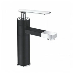 Смеситель для умывальника SHEVANIK однорычажный, округлый, хромированный, неповоротный, длина излива 145 мм, латунь, цвет черный/хром