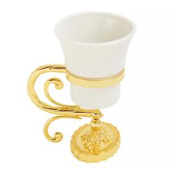 Стакан Migliore Edera, с держателем, настольный, латунь/керамика, форма округлая, для зубных щеток в ванную/туалет/душевую кабину, цвет золото/белый