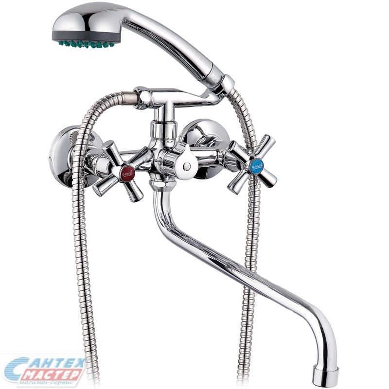 Смеситель для ванны/душа G-lauf QMT7-A722 двухвентильный, керамический, настенный, излив поворотный 310 мм, с гибким шлангом, душем/лейкой латунь хром
