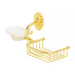 Мыльница с корзинкой Migliore Edera, настенная, керамика/латунь, форма округлая, для душа/мыла, в ванную/туалет/душевую кабину, цвет золото/белый