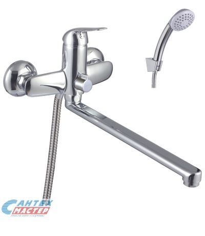 Смеситель для ванны/душа Lemark plus Advance однорычажный, керамический, настенный, излив поворотный 300 мм, с гибким шлангом, душем/лейкой, латунь, цвет хром, длинный, универсальный, горизонтальный, рычажный, кран, комплект, сантехника, размер