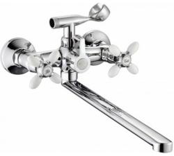 Смеситель для ванны/душа Potato P71-7, настенный, двухвентильный, поворотный, керамический, длина излива 433 мм, цинк, цвет хром/белый