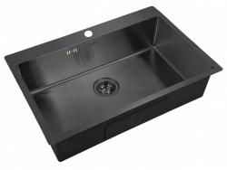 Мойка кухонная ZorG Grafit, 75х51х20 см, нержавеющая сталь, прямоугольная, цвет: графит, с отверстием под смеситель, без крыла, слив-перелив, врезная