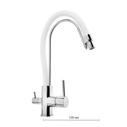 Смеситель для кухни/мойки Accoona, с подключением к фильтру с питьевой водой, однорычажный, поворотный/гибкий, керамический, длина излива 150 мм, латунь, цвет белый/хром