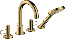 Смеситель для ванны Axor Uno на борт ванны двухвентильный, с рукояткой-петлей, поворотный, латунный, длина излива 17,5 см, керамический, цвет полированное золото, с душевым шлангом/лейкой, на 4 отверстия