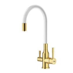 Смеситель для кухни/мойки Raglo R81.64.03 однорычажный, поворотный, керамический картридж, с подключением фильтра, гибкий излив, длина излива 216 мм, нержавеющая сталь/силикон, цвет сатин золотой/белый