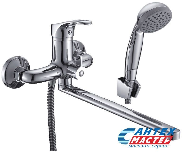 Смеситель для ванны/душа Славен однорычажный, керамический, настенный, излив поворотный 350 мм, с гибким шлангом, душем/лейкой, латунь, цвет хром, длинный, универсальный, горизонтальный, рычажный, кран, комплект, сантехника, размер, характеристики