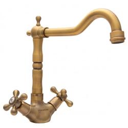 Смеситель для кухни Florentina Тау, двухвентильный/двухрычажный, поворотный, керамический, с высоким изливом Г-образной формы, высота излива 18,5 см, латунь, цвет бронза