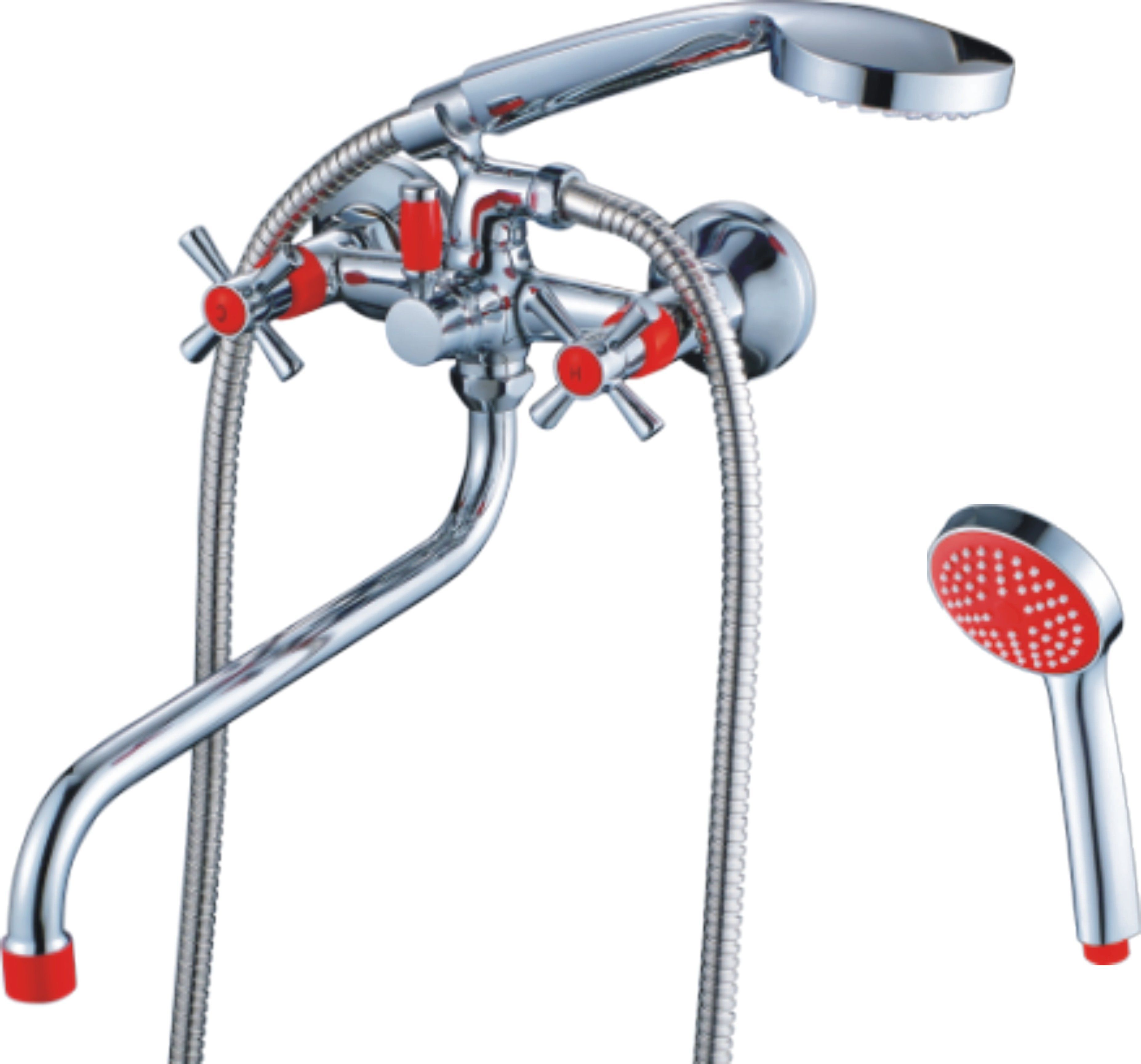 Смеситель для ванны/душа HAIBA CRON двухвентильный, хромированный, настенный, излив длинный 353 мм, поворотный, силумин, цвет хром/красный