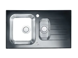 Мойка кухонная ALVEUS GLASSIX UP 20 86х50х18 см, врезная/встраиваемая сверху, две чаши, с крылом, закаленное стекло/нержавеющая сталь, прямоугольная, цвет черный, с отверстием под смеситель