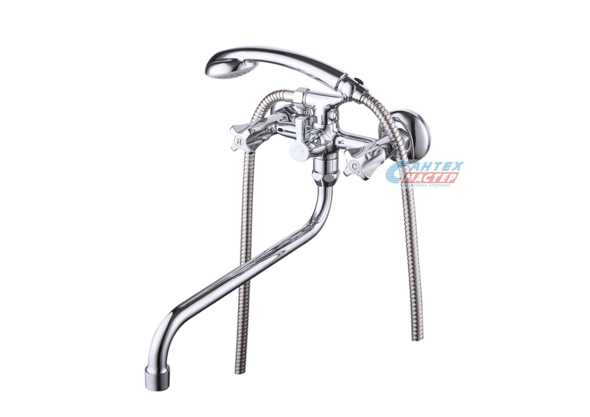 Смеситель для ванны/душа Zenta Фреско двухвентильный, керамический, настенный, излив поворотный 300 мм, с гибким шлангом, душем/лейкой, латунь хром, длинный, универсальный, горизонтальный, вентильный, кран, комплект, сантехника, размер