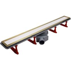 Душевой лоток PestanConfluo Premium Line White Glass 850 Gold, решетка: белое закаленное стекло/золото, для душа в полу, с комбинированным затвором, горизонтальный выпуск, нержавеющая сталь, прямоугольный