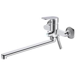 Смеситель для ванны/душа Voda Shore однорычажный, настенный, поворотный, керамический картридж, длина излива 331 мм, с гибким шлангом, лейкой, латунь, цвет хром SHR31