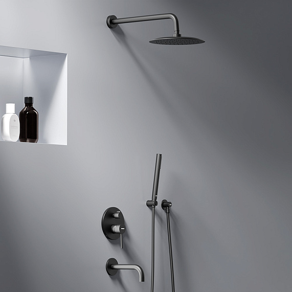 Душевая система Damixa Scandinavian Pure встраиваемая, цвет черный матовый, комплект: смеситель/излив/тропический душ круглый (с верхней лейкой)/лейка/шланг, латунь/ABS-пластик/ПВХ, скрытого монтажа 