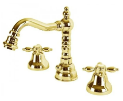 Смеситель для биде Cezares Nostalgia, на 3 отверстия, двухвентильный, низкий, длина излива 155 мм, неповоротный, керамический, латунь, цвет золото 24 карат, с донным клапаном