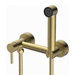 Смеситель с гигиеническим душем Splenka S99.51.03, настенный, однорычажный, керамический, без излива, с гибким шлангом/лейкой, латунь, цвет сатин золотой