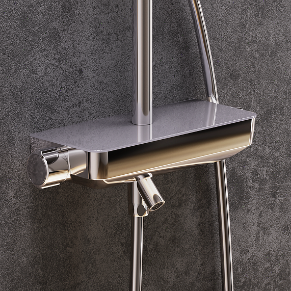 Душевая система Damixa Scandinavian Pure, высота 1050-1450 мм, цвет хром, комплект: термостатический смеситель/излив/тропический душ круглый (с верхней лейкой)/стойка/лейка/шланг, латунь/пластик