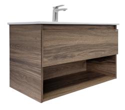 Тумба с раковиной Comforty Бордо 90, 90х55х47 см, подвесная, 1 выдвижной ящик/открытая полка, ЛДСП/МДФ, прямоугольная, цвет- дуб темно-коричневый/раковина 9090M, прямоугольная, цвет белый, встраиваемая